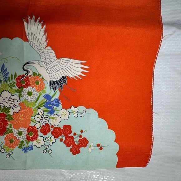 Vintage Japanese Silk Square handkerchief of Gosho doll flower cart and crane - Picture 6 of 9